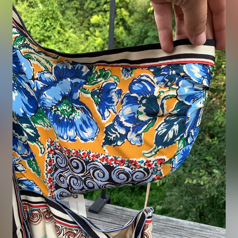 One-Shoulder Floral Scarf-Print Dress in Blue and Gold - Picture 10 of 11
